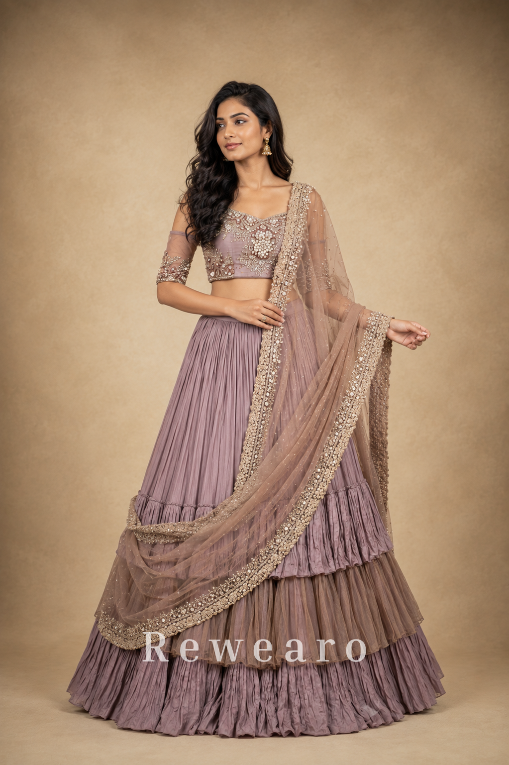 Dusty Mauve Layered Lehenga with Embroidered Blouse & Pearl-Trimmed Sheer Dupatta