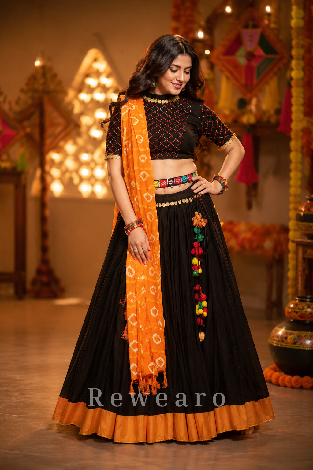 Midnight Black Navratri Lehenga Set with Bandhani Dupatta and Mirror Embellished Blouse