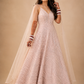 Blush Pink Sequined Evening Gown with Sheer Cape Sleeves