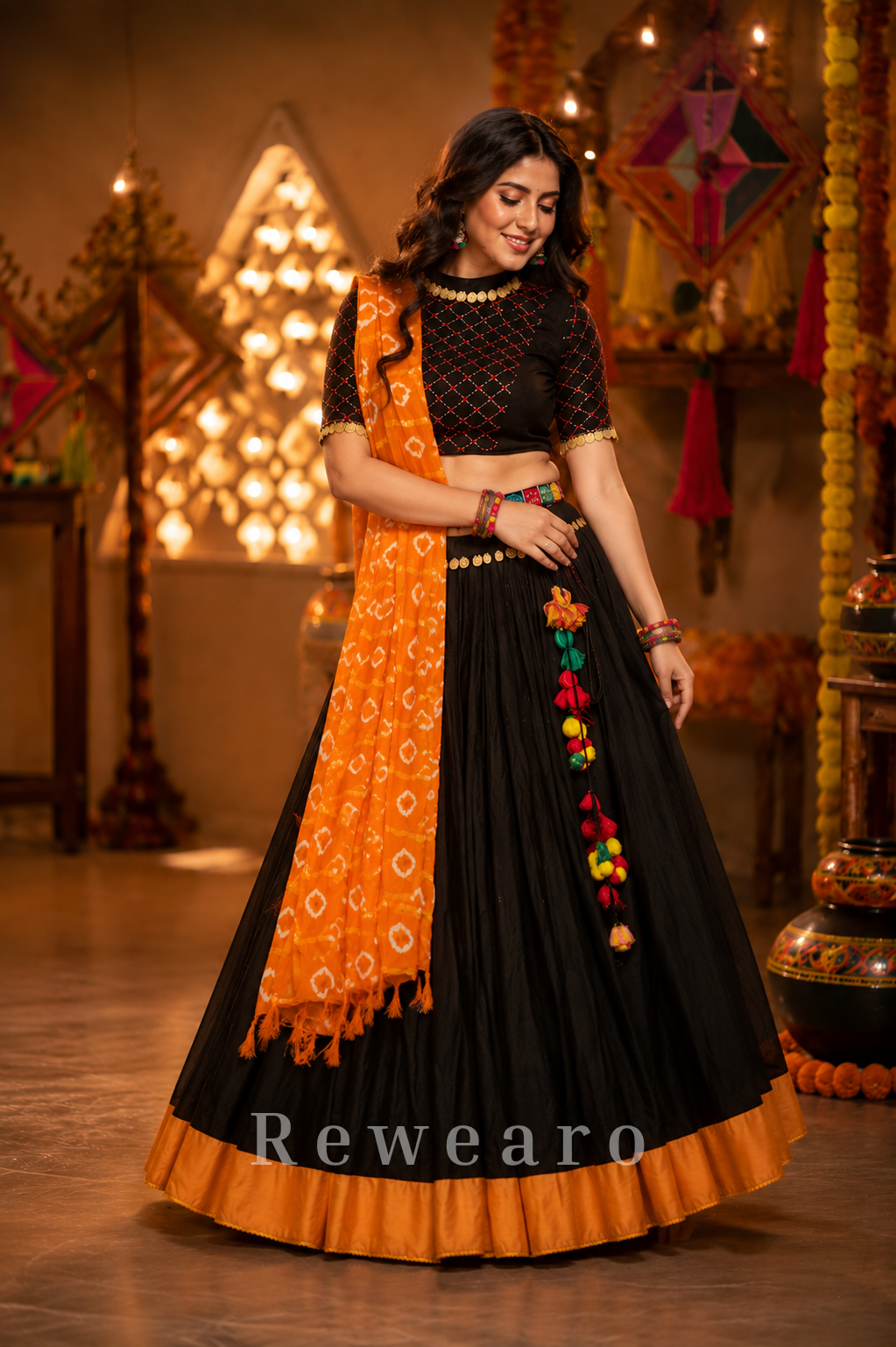 Midnight Black Navratri Lehenga Set with Bandhani Dupatta and Mirror Embellished Blouse