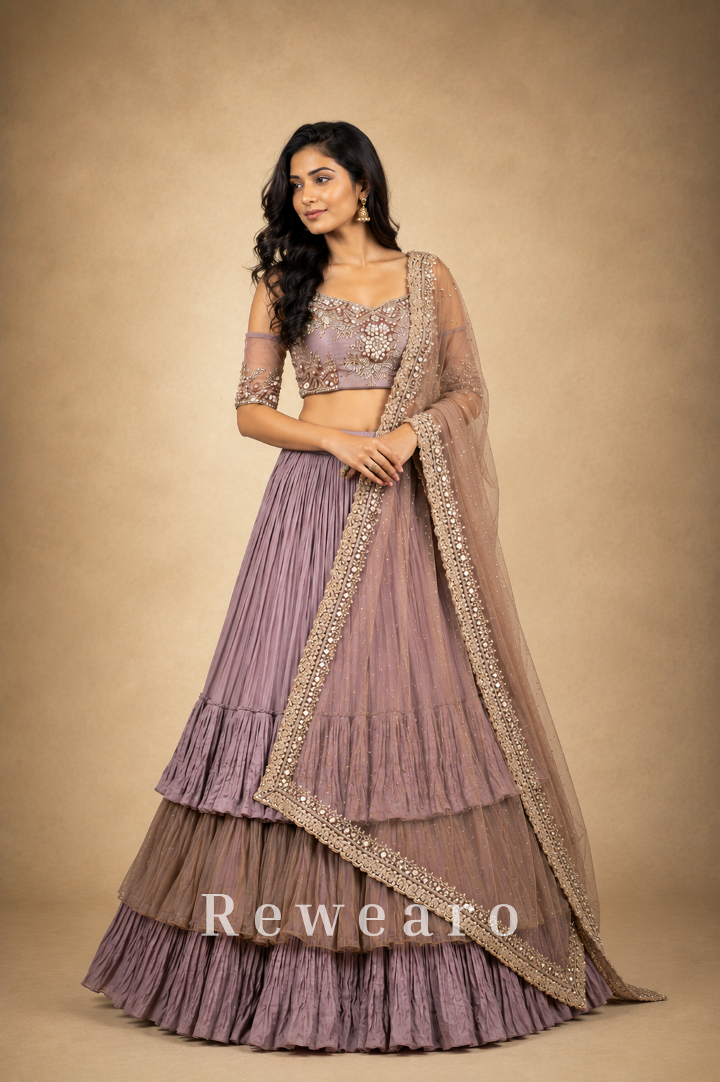 Dusty Mauve Layered Lehenga with Embroidered Blouse & Pearl-Trimmed Sheer Dupatta
