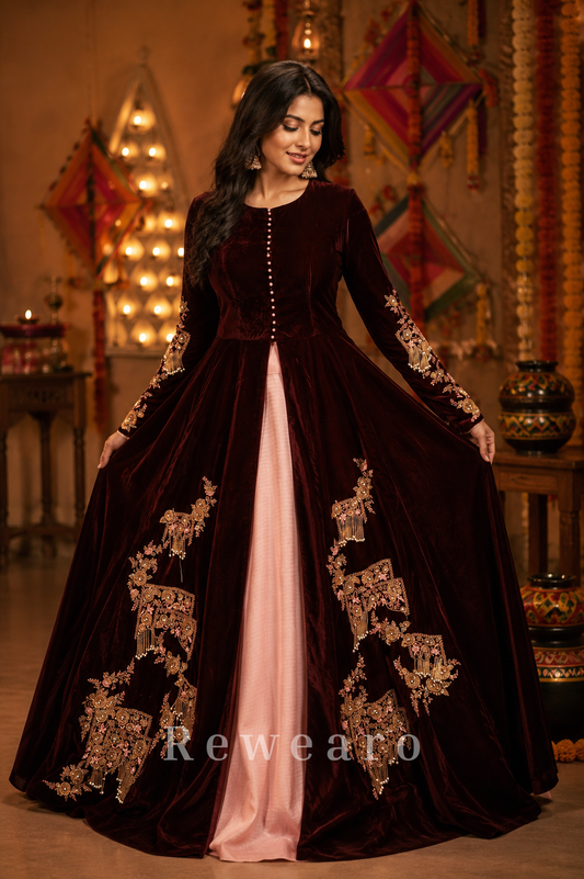 Royal Velvet Embroidered Front-Open Anarkali Gown with Blush Inner Layer and Zari Detailing