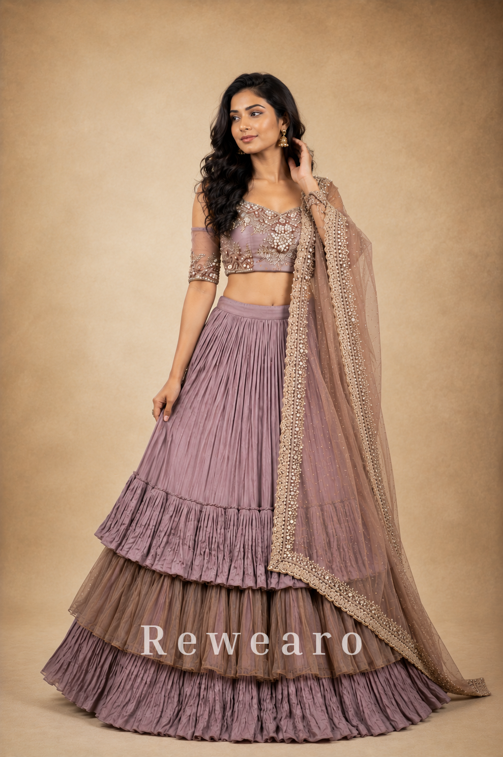 Dusty Mauve Layered Lehenga with Embroidered Blouse & Pearl-Trimmed Sheer Dupatta
