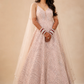 Blush Pink Sequined Evening Gown with Sheer Cape Sleeves