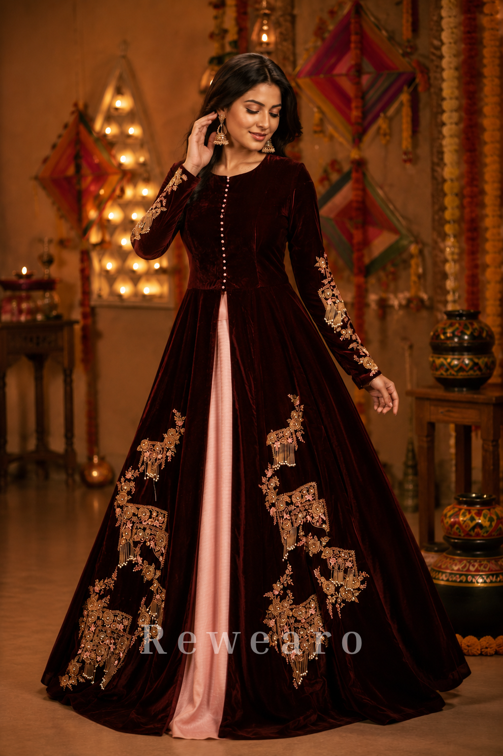 Royal Velvet Embroidered Front-Open Anarkali Gown with Blush Inner Layer and Zari Detailing