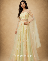 Pastel Floral Embroidered Tulle Anarkali Gown with Sheer Sleeves & Draped Cape