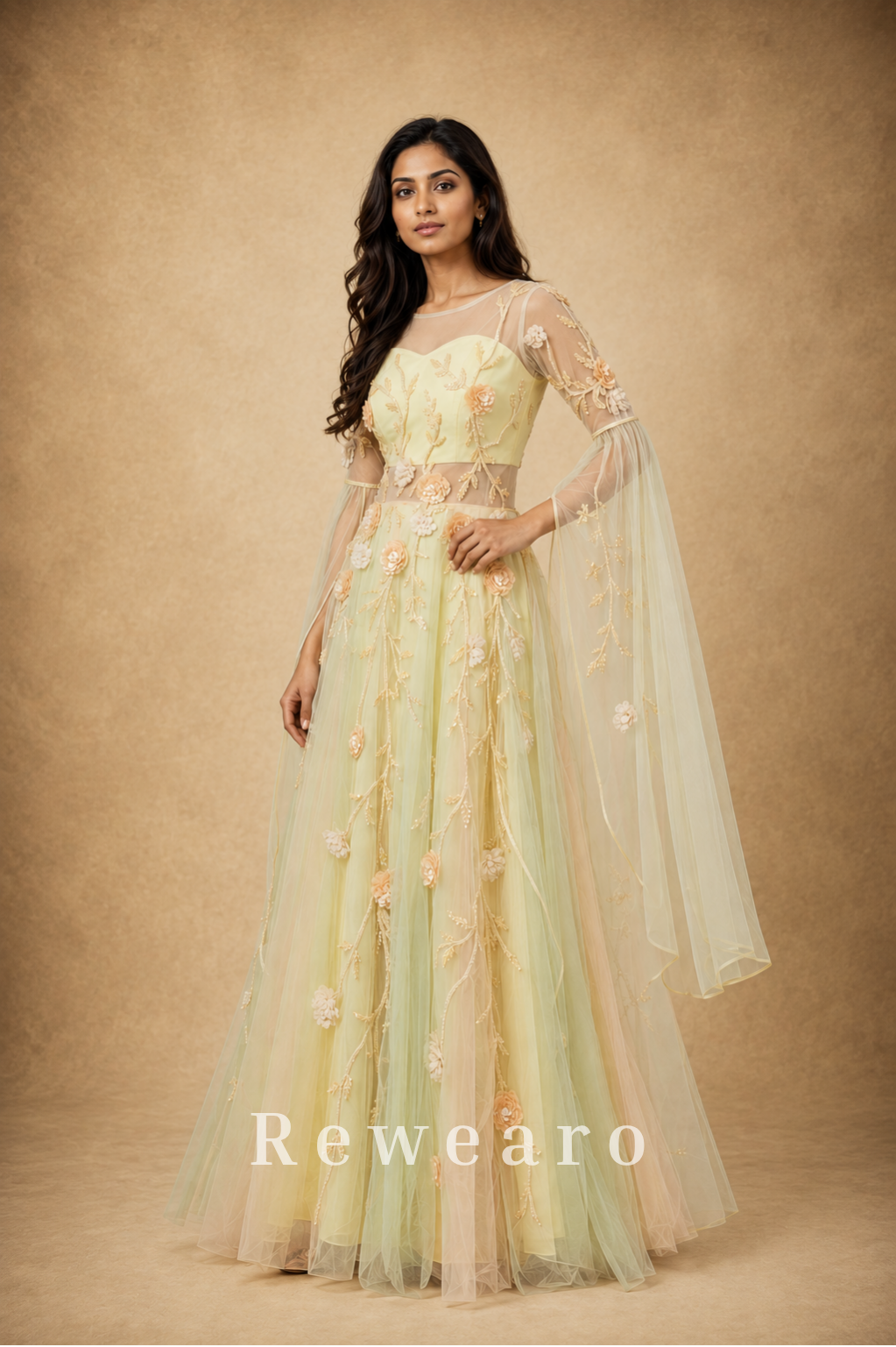 Pastel Floral Embroidered Tulle Anarkali Gown with Sheer Sleeves & Draped Cape