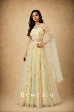 Pastel Floral Embroidered Tulle Anarkali Gown with Sheer Sleeves & Draped Cape