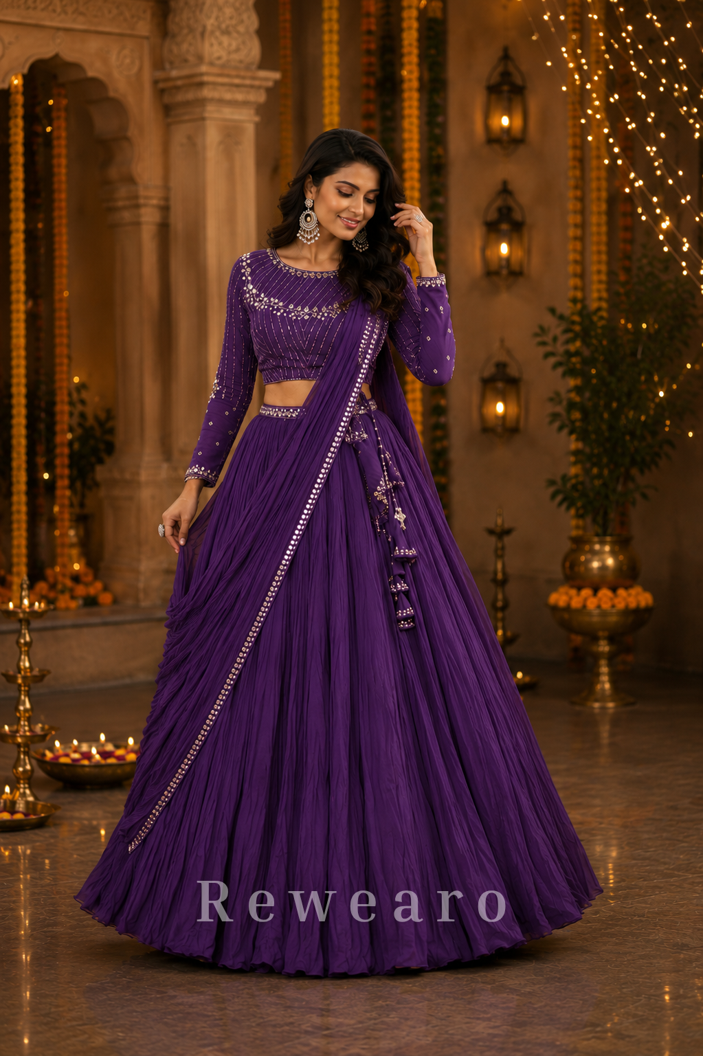 Violet Draped Georgette Lehenga with Mirror Embellished Blouse