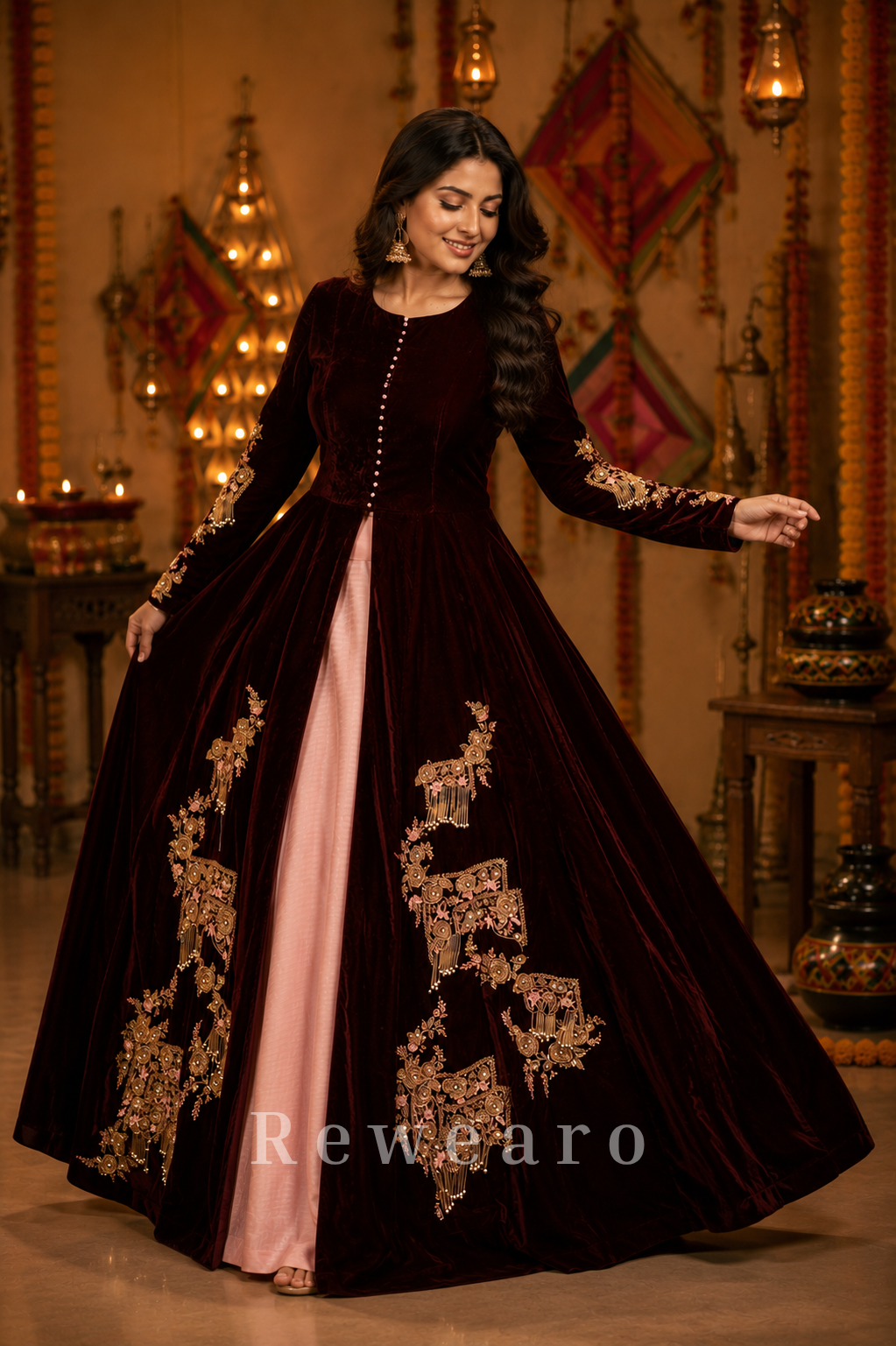 Royal Velvet Embroidered Front-Open Anarkali Gown with Blush Inner Layer and Zari Detailing
