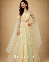 Pastel Floral Embroidered Tulle Anarkali Gown with Sheer Sleeves & Draped Cape