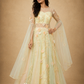 Pastel Floral Embroidered Tulle Anarkali Gown with Sheer Sleeves & Draped Cape