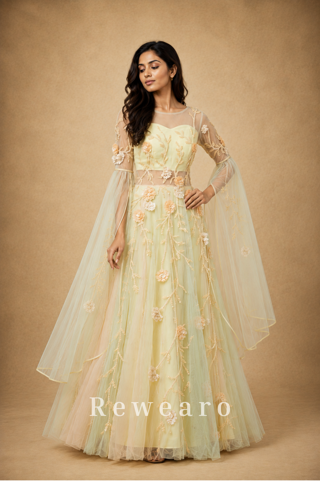 Pastel Floral Embroidered Tulle Anarkali Gown with Sheer Sleeves & Draped Cape
