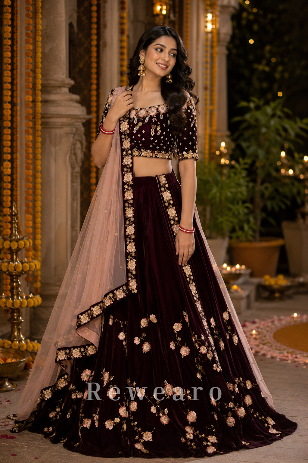Deep Wine Velvet Floral Embroidered Lehenga Set with Rose Border Net Dupatta
