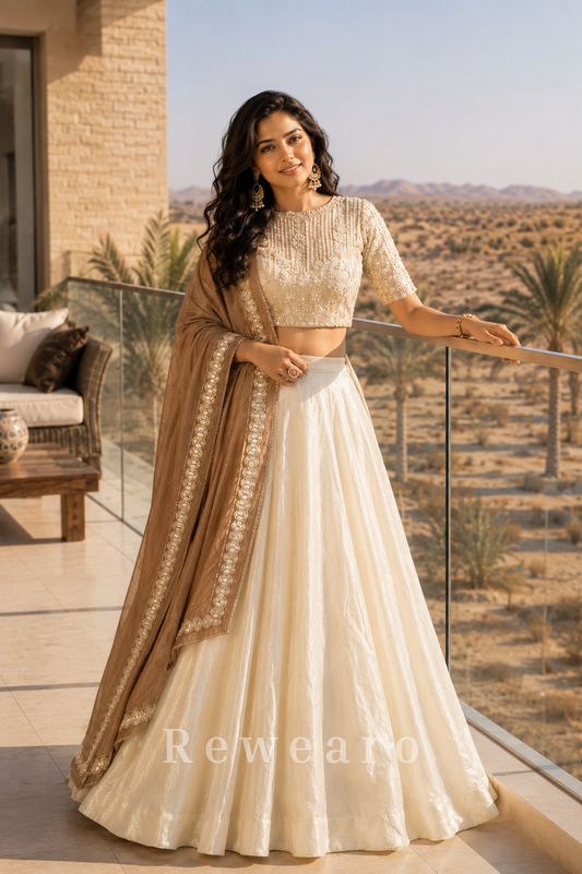 Ivory Embroidered Lehenga Set with Beige Border Dupatta