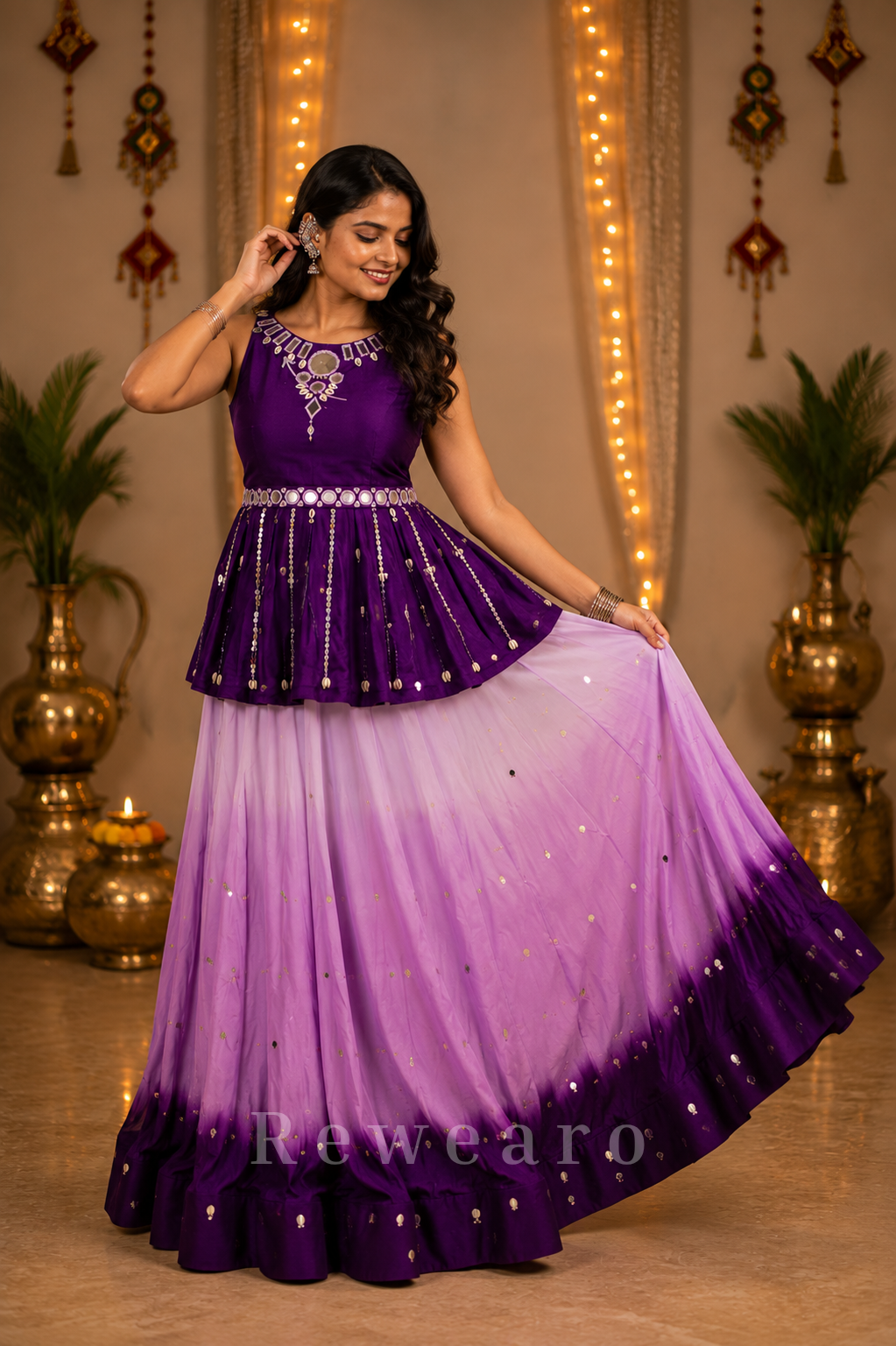 Royal Purple Peplum Choli with Lilac Ombre Flared Skirt & Mirror-Embellished Detailing