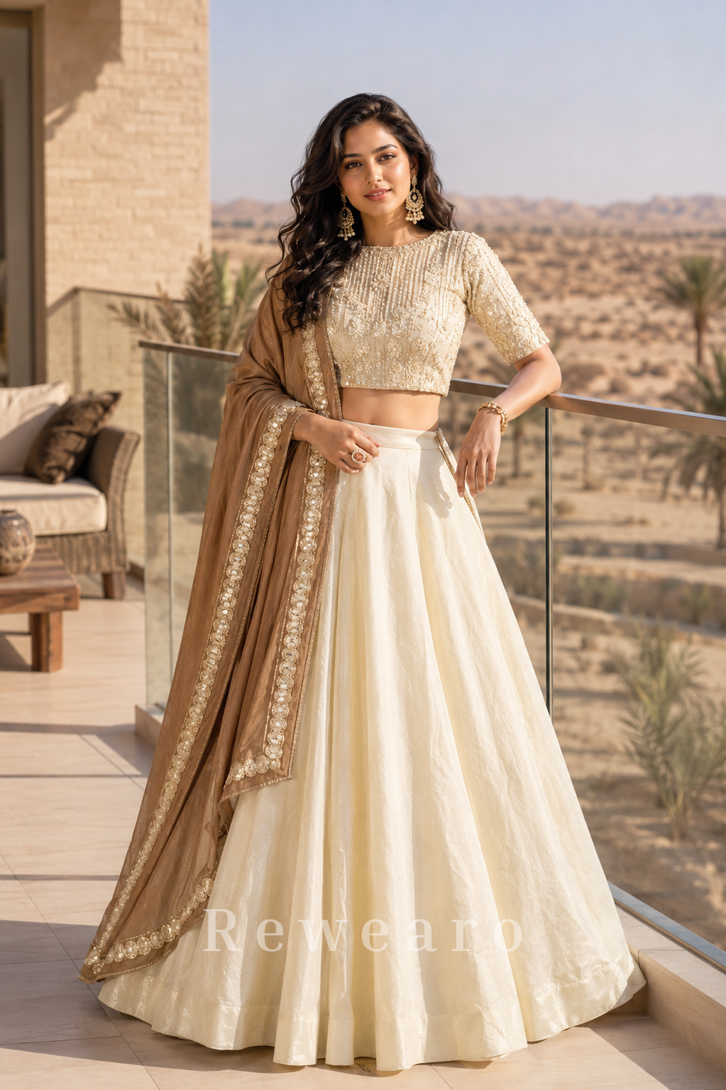 Ivory Embroidered Lehenga Set with Beige Border Dupatta