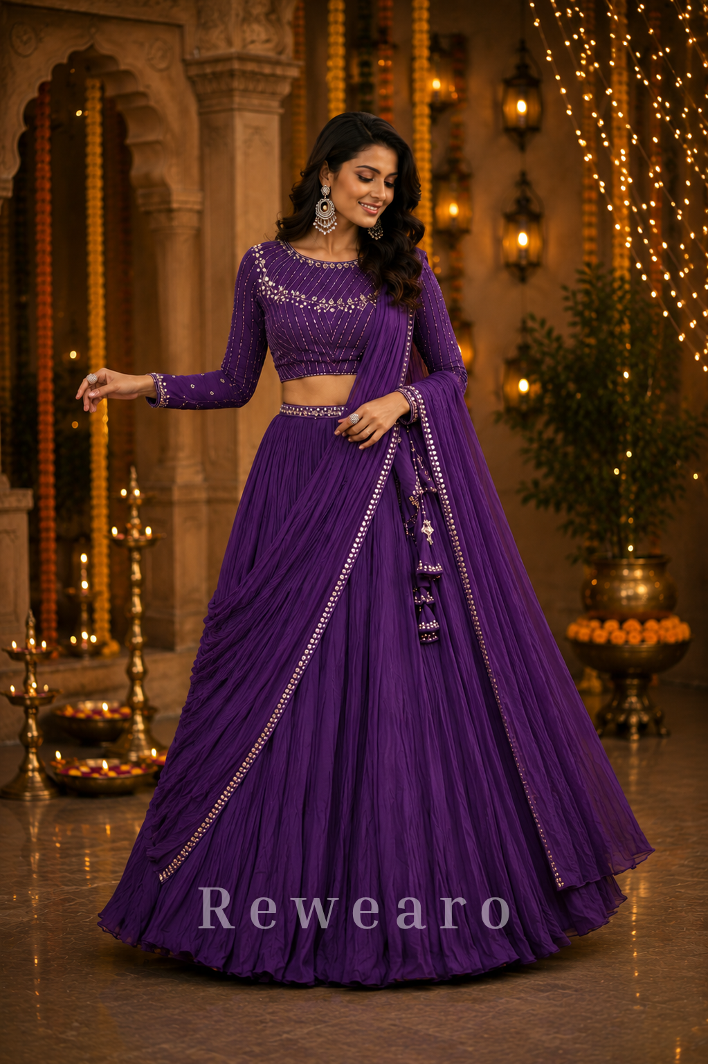 Violet Draped Georgette Lehenga with Mirror Embellished Blouse
