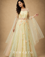 Pastel Floral Embroidered Tulle Anarkali Gown with Sheer Sleeves & Draped Cape