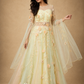 Pastel Floral Embroidered Tulle Anarkali Gown with Sheer Sleeves & Draped Cape