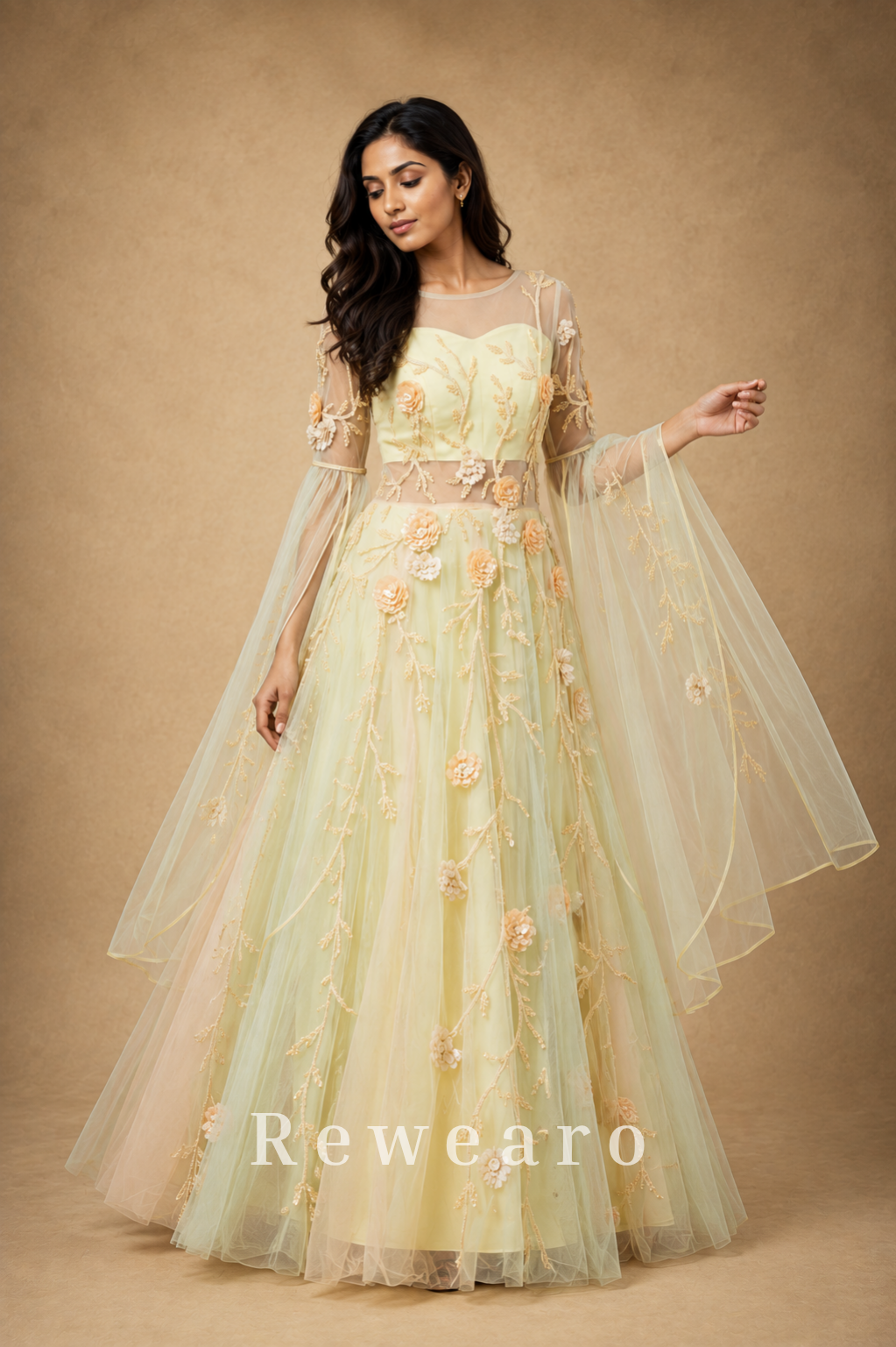 Pastel Floral Embroidered Tulle Anarkali Gown with Sheer Sleeves & Draped Cape