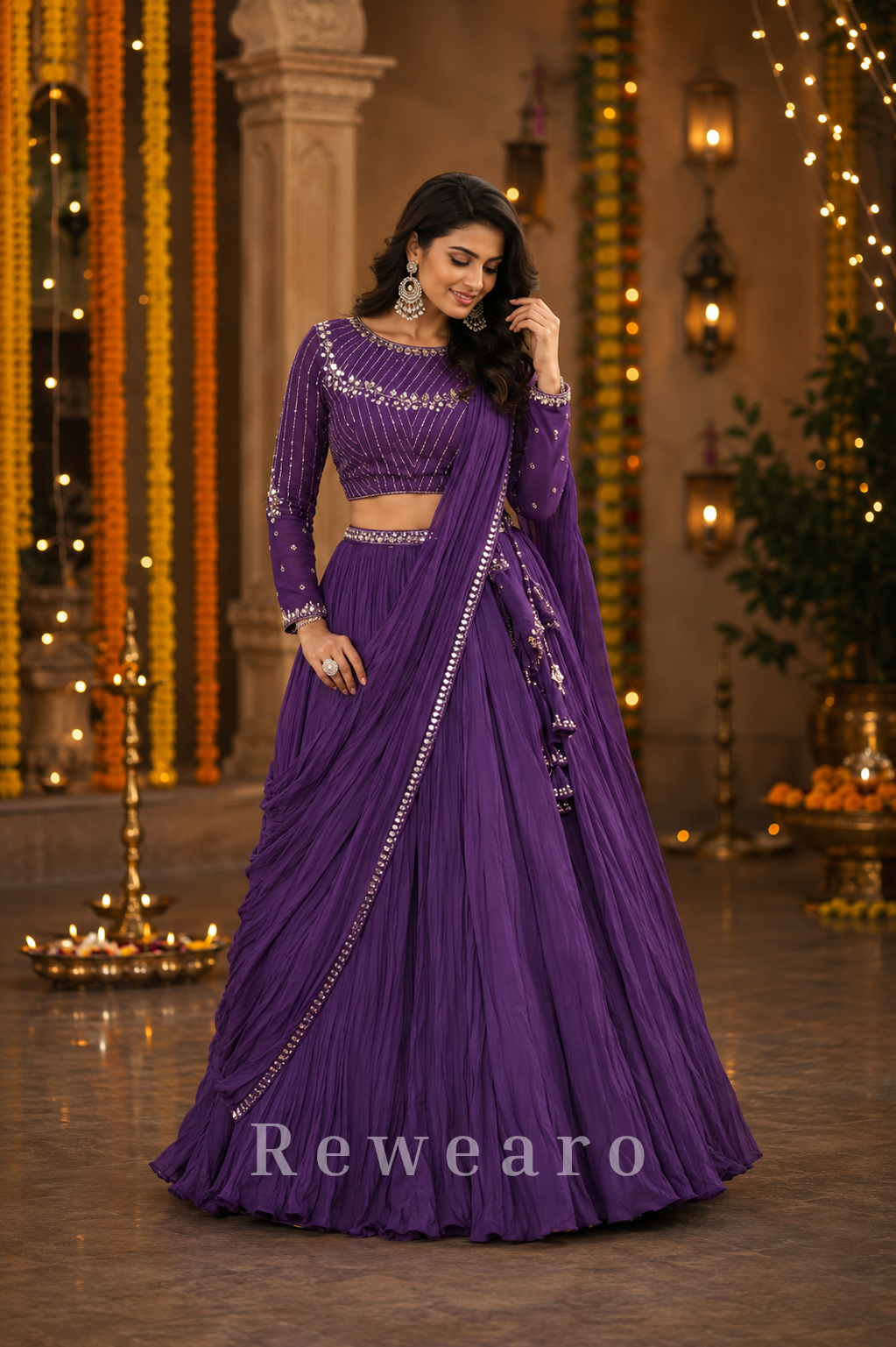 Violet Draped Georgette Lehenga with Mirror Embellished Blouse