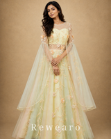 Pastel Floral Embroidered Tulle Anarkali Gown with Sheer Sleeves & Draped Cape