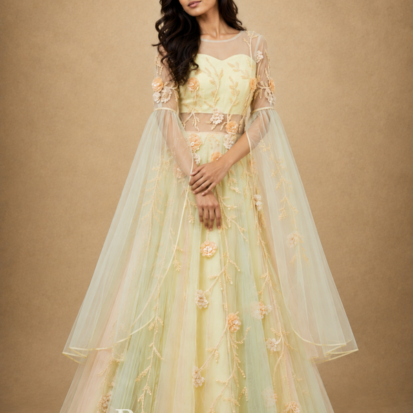 Crafted Detailing - Pastel Floral Embroidered Tulle Anarkali Gown with Sheer Sleeves & Draped Cape