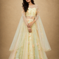 Pastel Floral Embroidered Tulle Anarkali Gown with Sheer Sleeves & Draped Cape