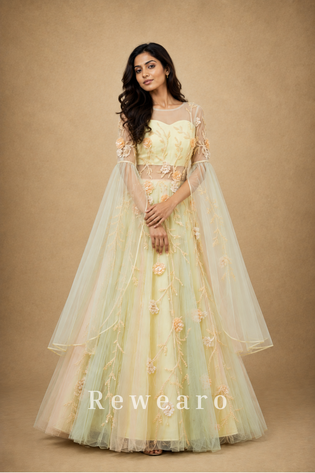Pastel Floral Embroidered Tulle Anarkali Gown with Sheer Sleeves & Draped Cape