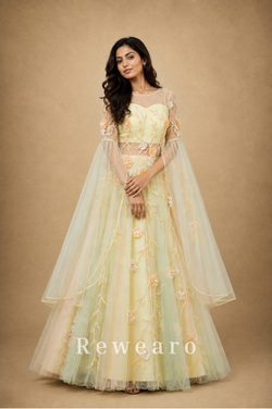 Pastel Floral Embroidered Tulle Anarkali Gown with Sheer Sleeves & Draped Cape - View 4