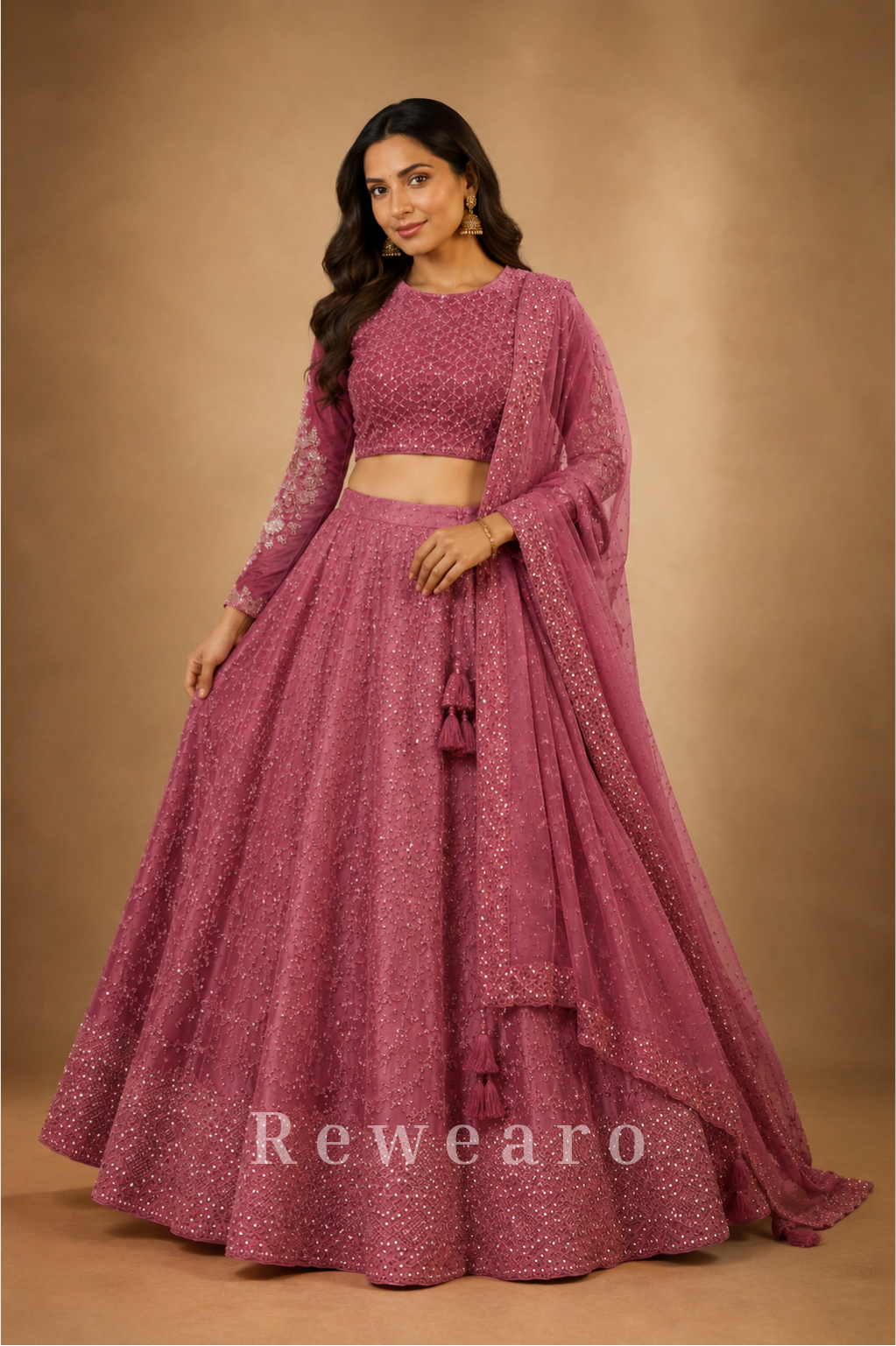 Mulberry Mauve Sequined Lehenga Set with Hand-Embellished Blouse and Soft Net Dupatta