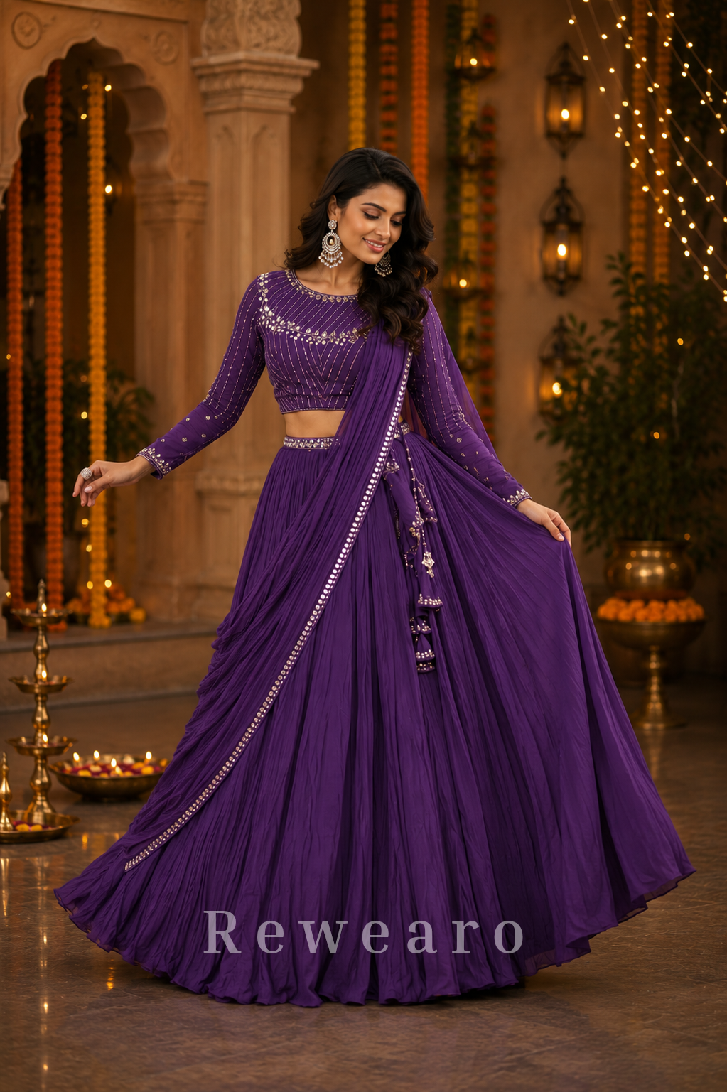 Violet Draped Georgette Lehenga with Mirror Embellished Blouse