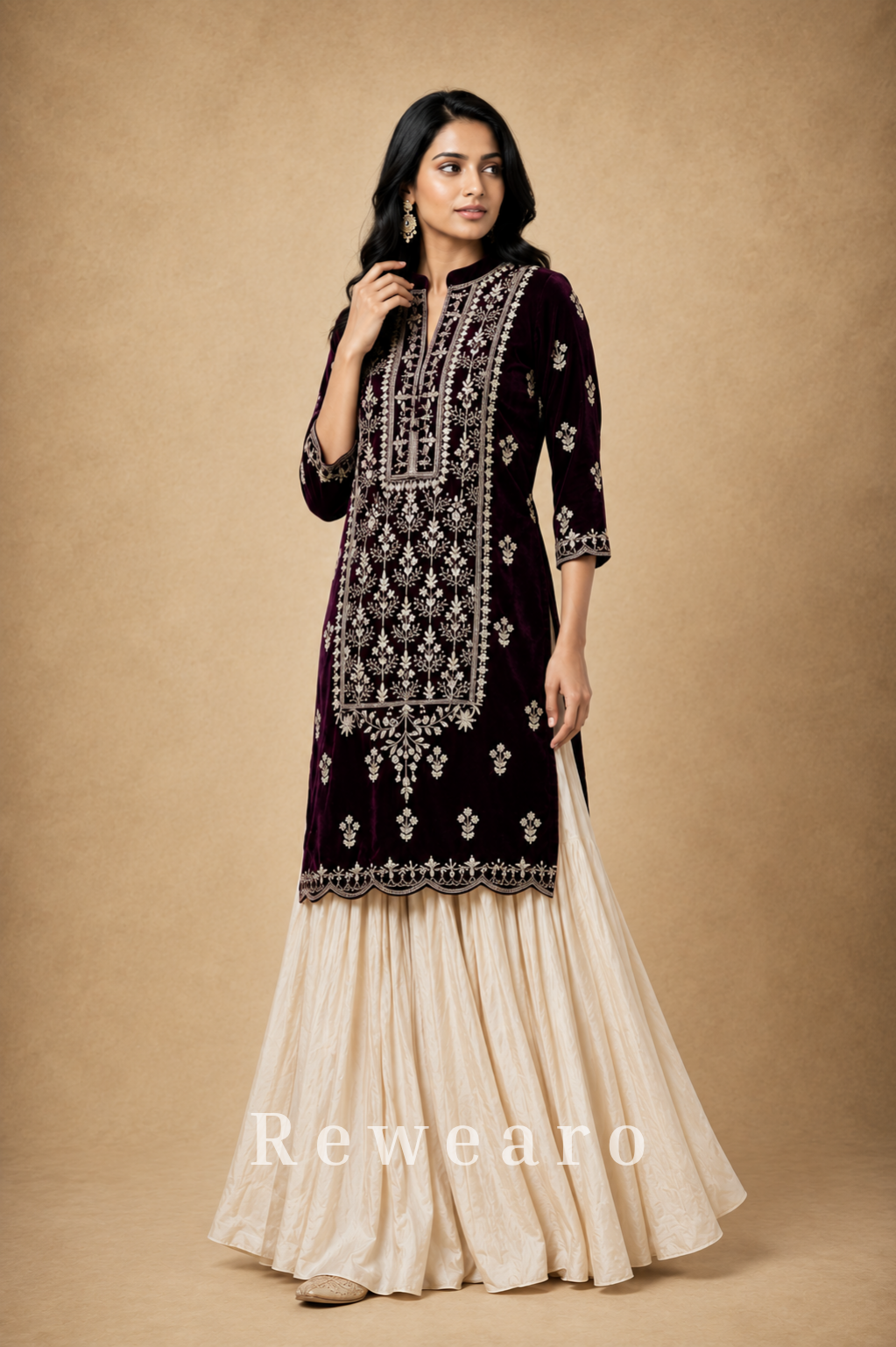 Wine Velvet Embroidered Long Kurti with Ivory Textured Palazzo Set