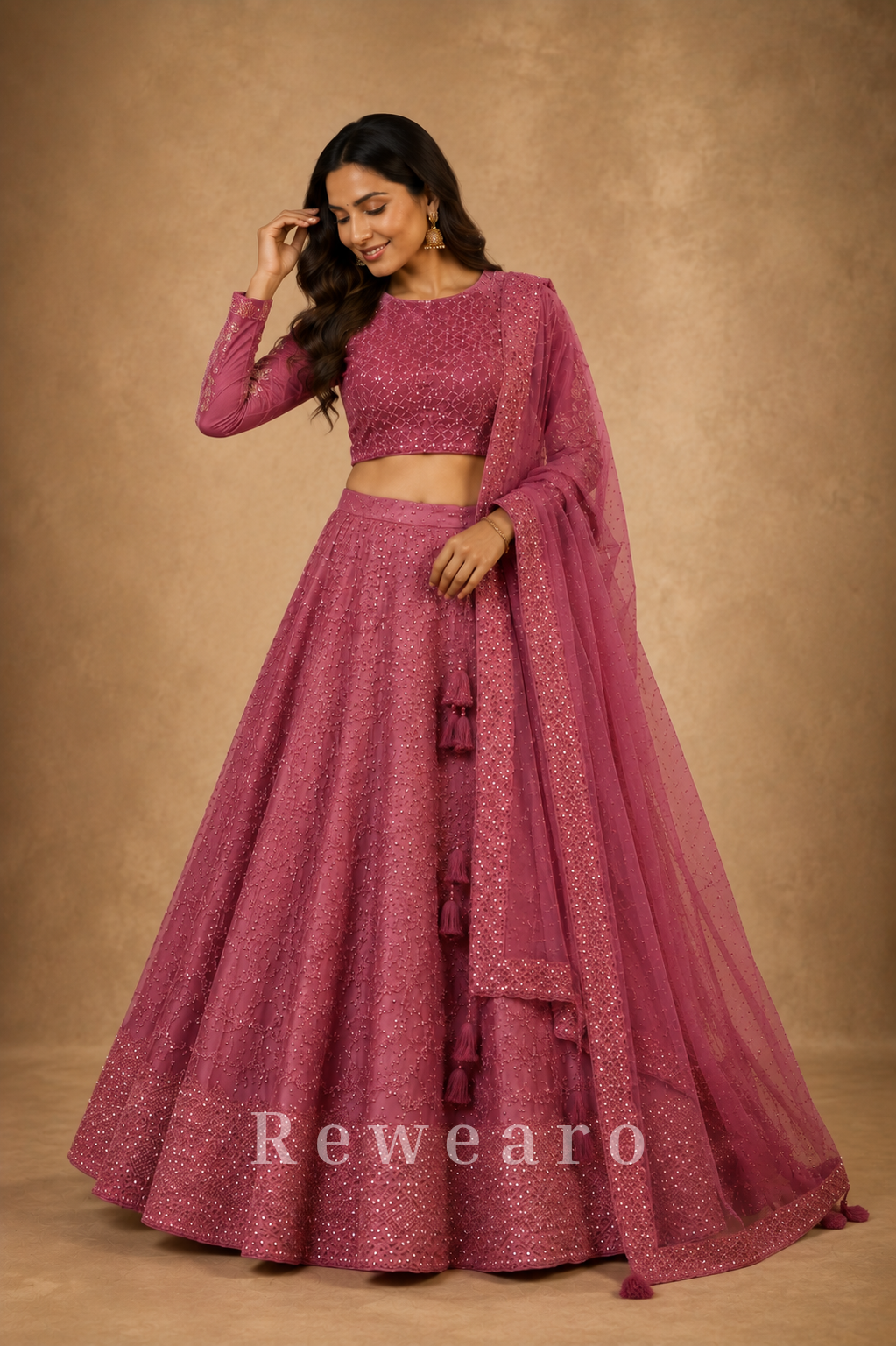 Mulberry Mauve Sequined Lehenga Set with Hand-Embellished Blouse and Soft Net Dupatta