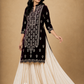 Wine Velvet Embroidered Long Kurti with Ivory Textured Palazzo Set