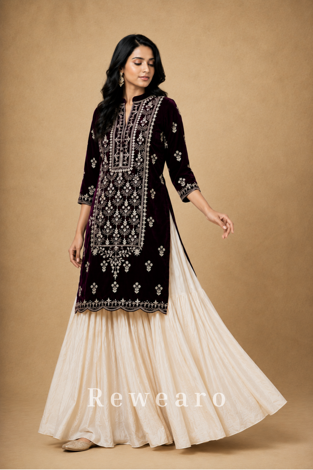 Wine Velvet Embroidered Long Kurti with Ivory Textured Palazzo Set