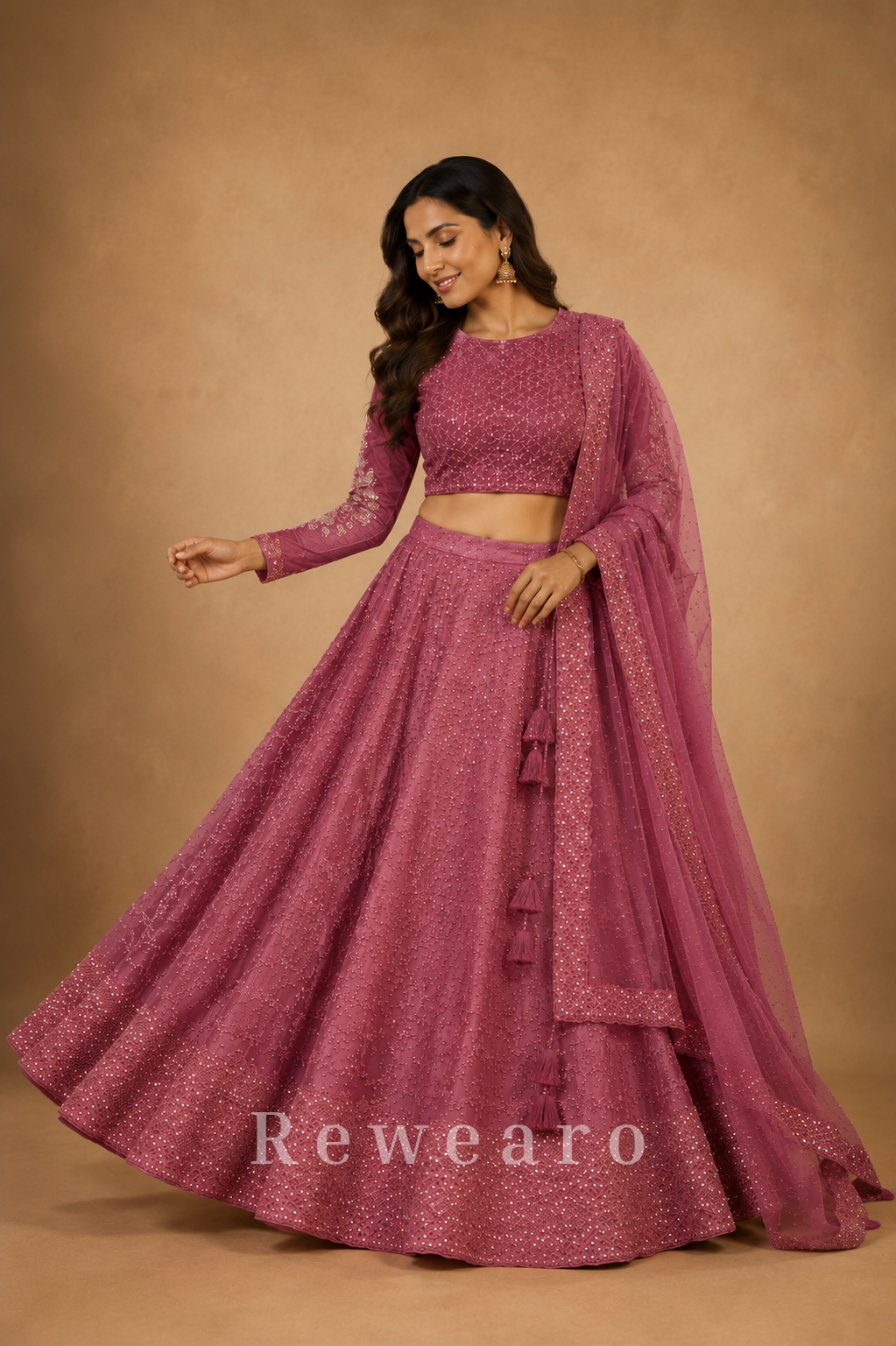 Mulberry Mauve Sequined Lehenga Set with Hand-Embellished Blouse and Soft Net Dupatta