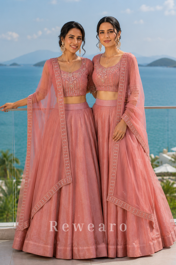 Dusty Rose Bridesmaid Lehenga Duo with Embellished Dupattas