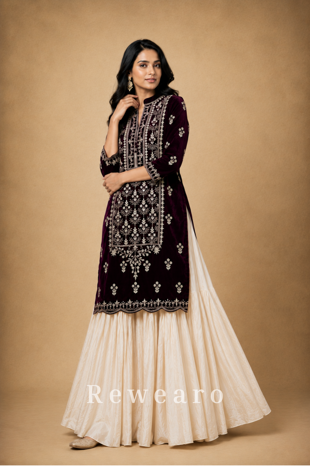 Wine Velvet Embroidered Long Kurti with Ivory Textured Palazzo Set
