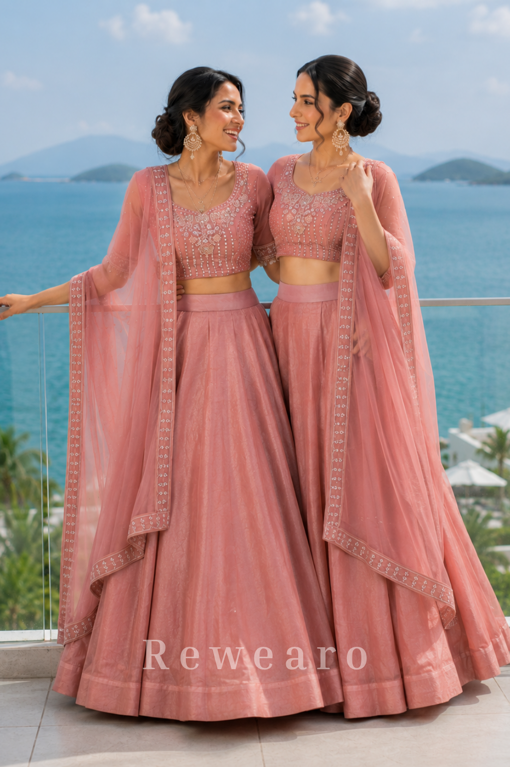 Dusty Rose Bridesmaid Lehenga Duo with Embellished Dupattas
