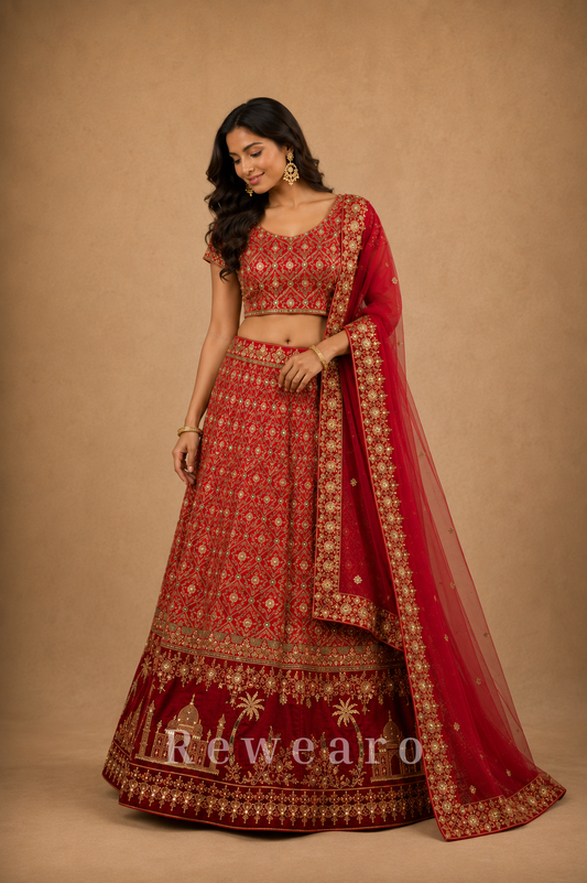 Crimson Heritage Bridal Lehenga Set with Mughal Monument Embroidery and Regal Zari Work