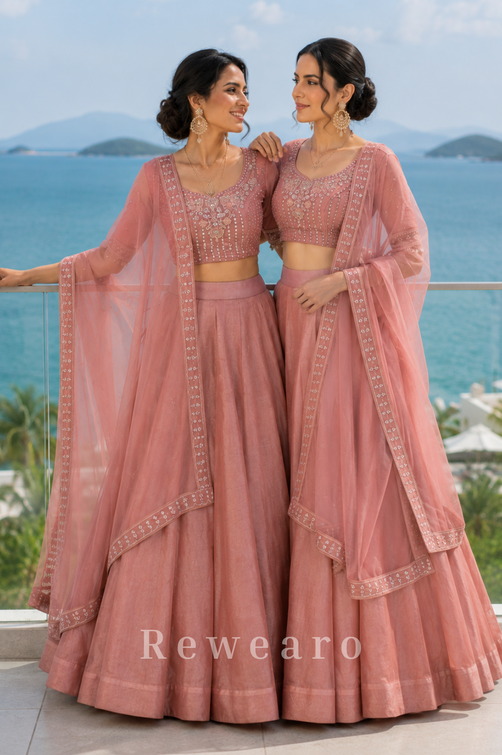 Dusty Rose Bridesmaid Lehenga Duo with Embellished Dupattas