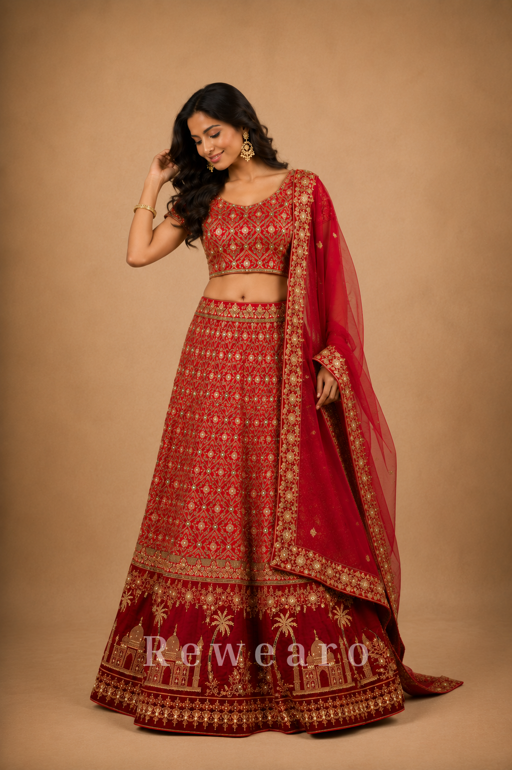 Crimson Heritage Bridal Lehenga Set with Mughal Monument Embroidery and Regal Zari Work