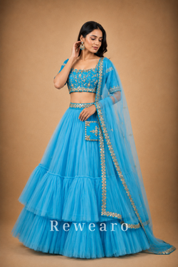 Azure Blue Tiered Lehenga with Embroidered Blouse & Sheer Dupatta