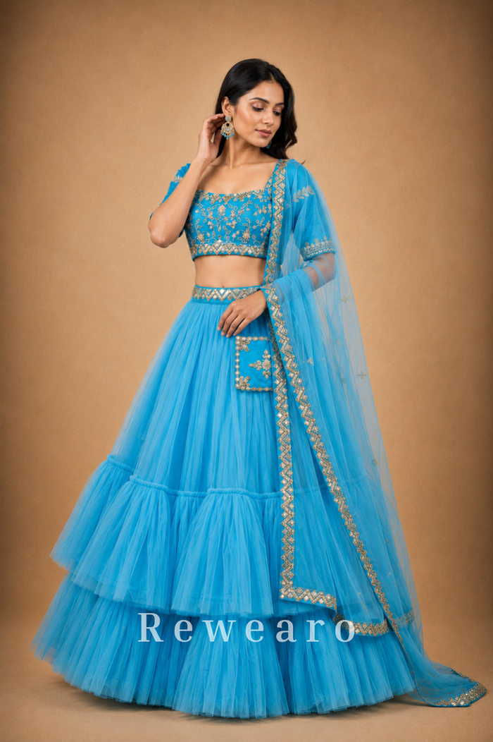 Azure Blue Tiered Lehenga with Embroidered Blouse & Sheer Dupatta