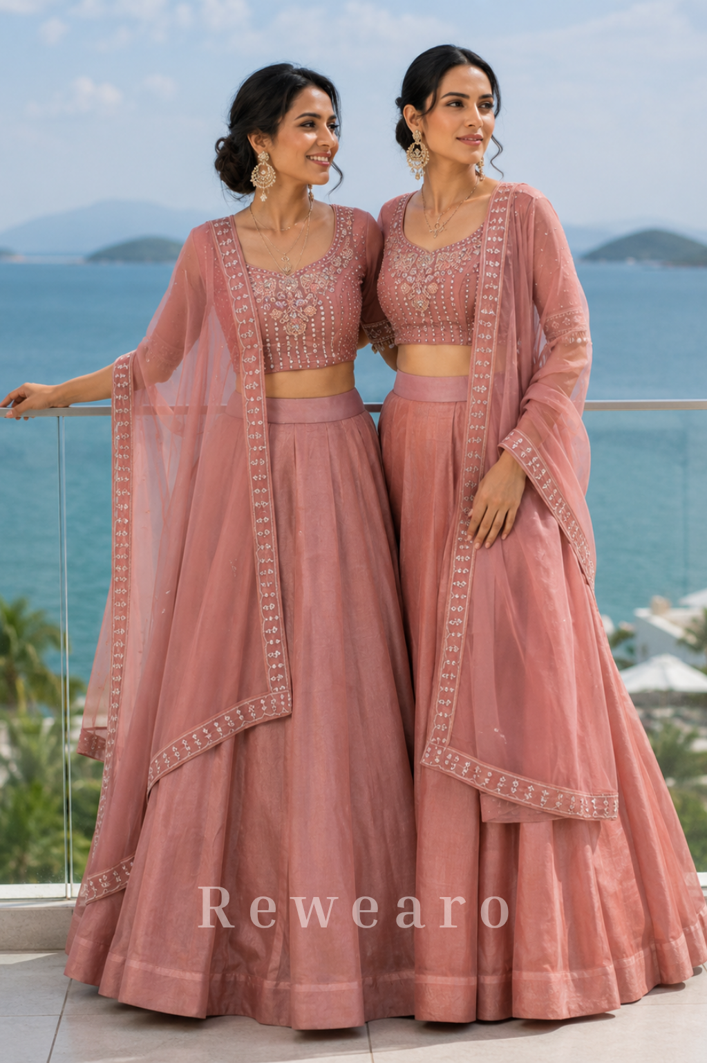Dusty Rose Bridesmaid Lehenga Duo with Embellished Dupattas