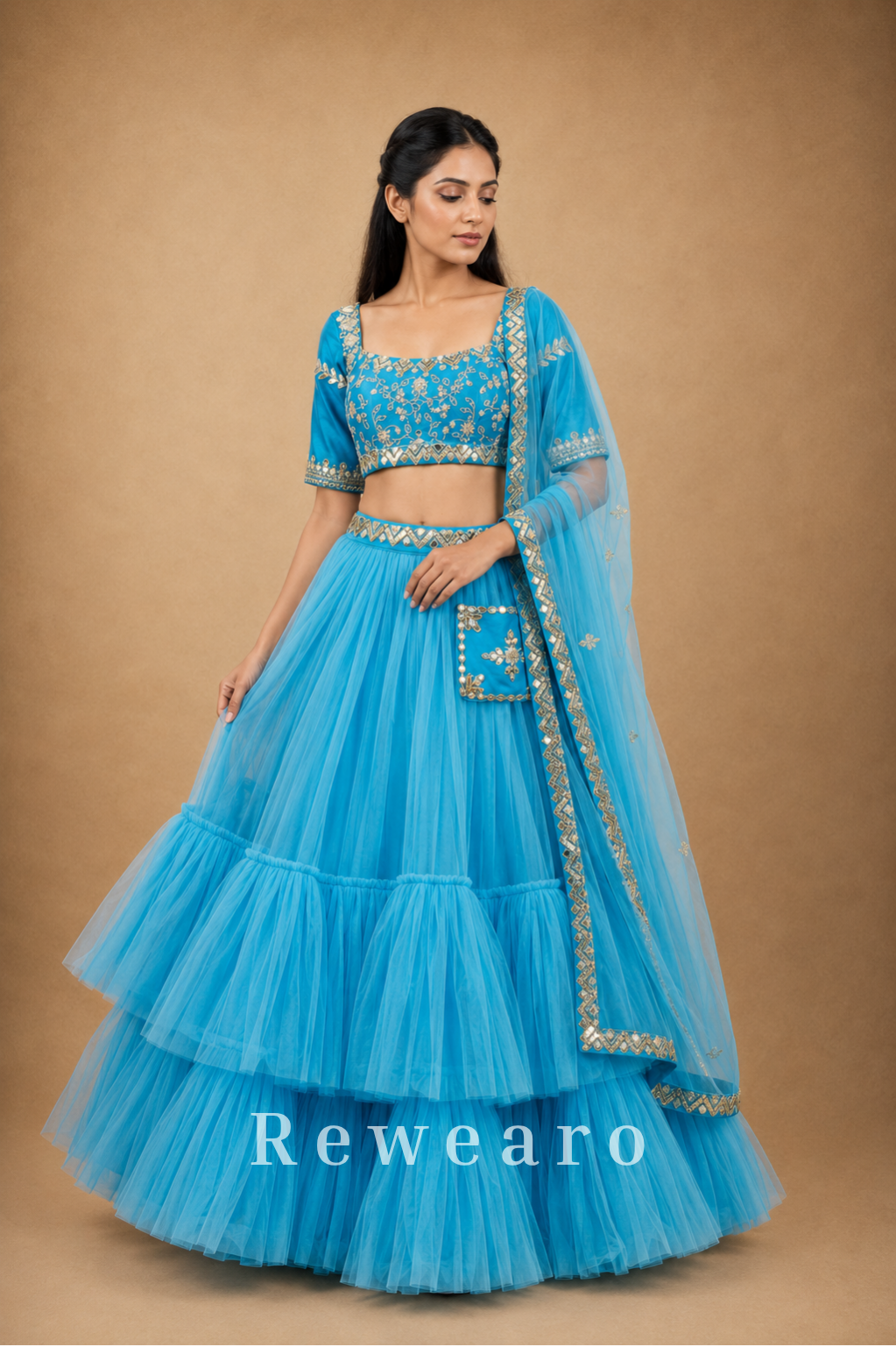 Azure Blue Tiered Lehenga with Embroidered Blouse & Sheer Dupatta