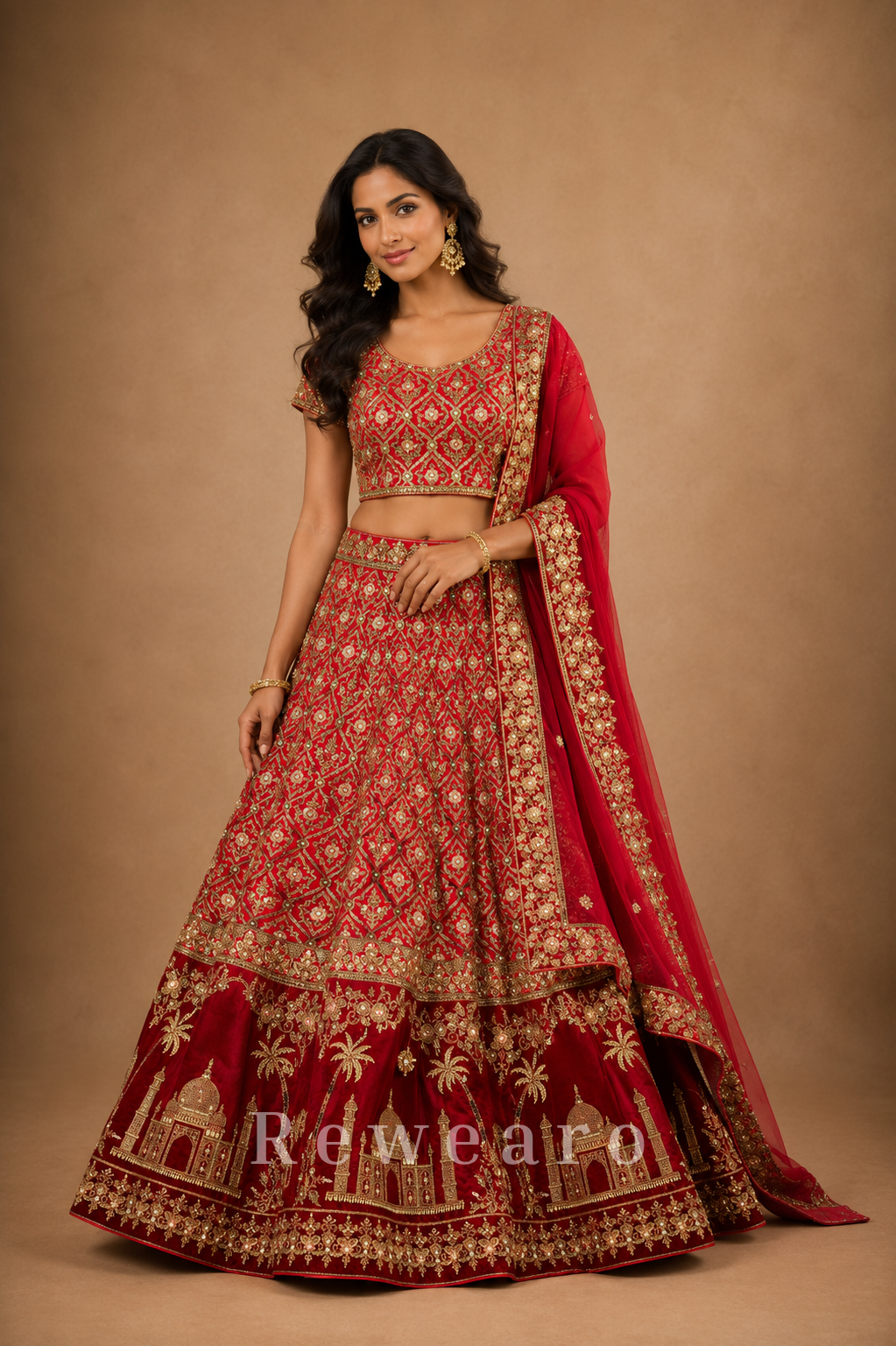Crimson Heritage Bridal Lehenga Set with Mughal Monument Embroidery and Regal Zari Work