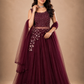 Wine Embellished Net Evening Gown with Cape Sleeves
